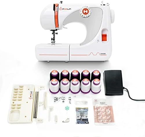 Poolin Sewing Machine for Beginners with 27 Stitch Applications, Easy to Use Include Thread Stand, 5 Presser Foot(Hemming presser foot like serger for hemming), 10 Rolls of 1000m Thread, 5 Needles and 12 Bobbins