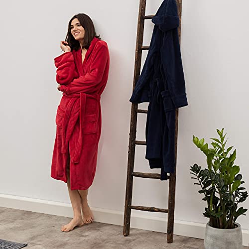 Lumaland Luxury Mikrofaser Bademantel mit Kapuze für Damen und Herren in verschiedenen Größen und Farben Rot L