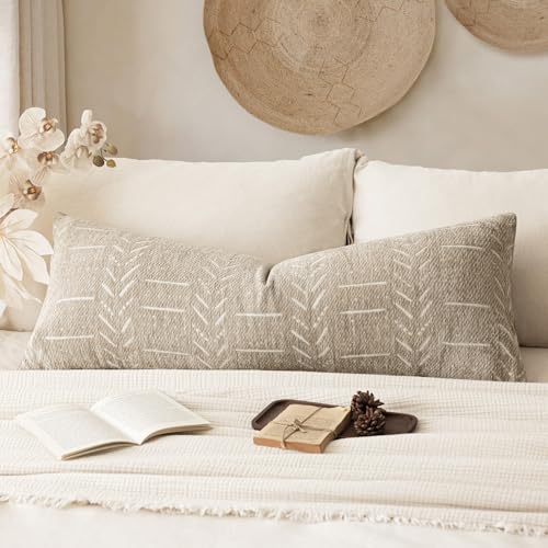 vivrudil Home Décor Decorative Boho Chenille Throw Pillow Covers Textured Neutral Cozy Cushion Covers Soft Farmhouse Body Pillowcase for Couch Sofa Chair Bed Living Room, 14×36 Inch, 1 Piece, Beige