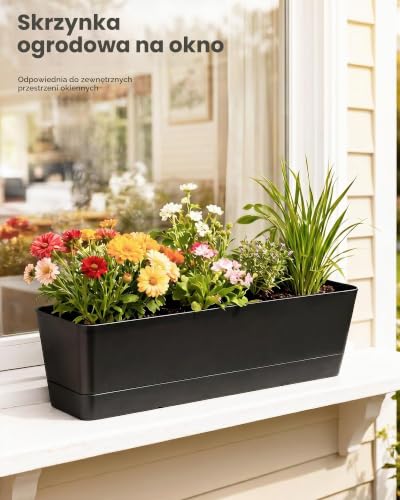 Bamworld Zestaw 3 Skrzynek Okiennych, 40x9.5 cm Duże Prostokątne Donice na Zioła z Podstawkami Ogrodowymi, Skrzynia na Ogród Ziołowy do Balkonu, Parapetu, Biura