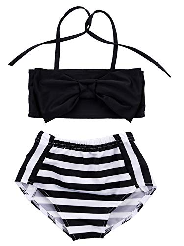 stylesilove Little Girls Black & White Stripes Bowknot Bikini 2pcs Swimsuit Bathing Suit Beach Pool Swimwear