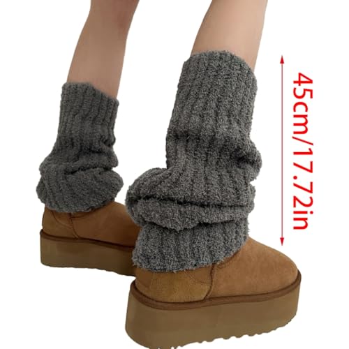 Women Winter Furry Ribbed Knit Leg Warmers Thicken Warm Boots Cover Long Socks3