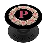 Elegante monograma inicial de letra P con una corona floral con rosas rosas rosas suaves y blancas, ideal para los amantes de los estilos florales vintage, botánicos, cottagecore, femeninos o románticos. Diseño estético para rituales tranquilos y acogedores de café o té por la mañana.