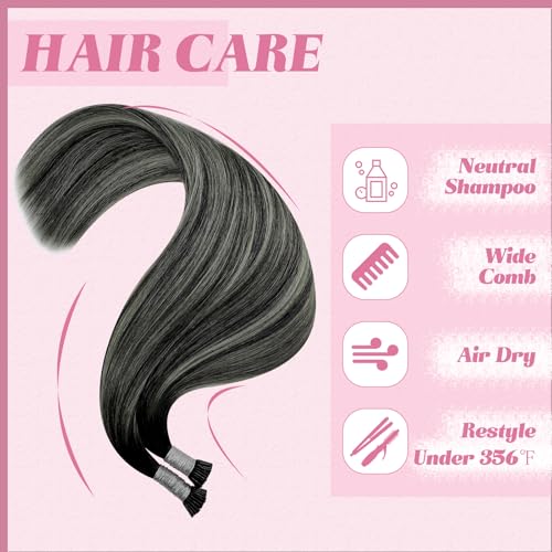 Image of YoungSee I Tip Extensions 24 Inch, I Tips Hair Extensions Real Human Hair, Black Balayage Silver, Itip Hair Extension, 50 Strands 50g, for Women, Long Hair