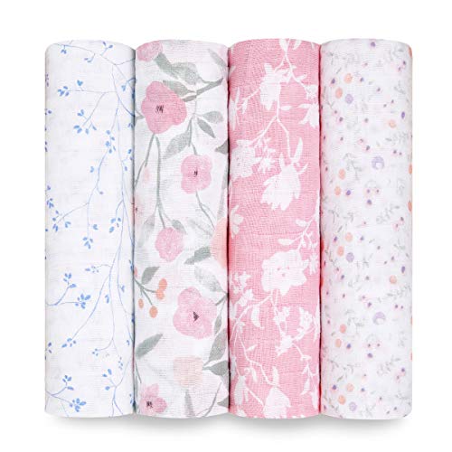 Image of aden + anais Swaddle Blanket, Boutique Muslin Blankets for Girls & Boys, Baby Receiving Swaddles, Ideal Newborn & Infant Swaddling Set, Perfect Shower Gifts, 4 Pack, Mon Fleur