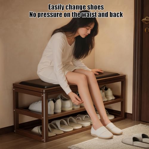 Banc chaussures entrée marron 80x30x42cm avec coussin et étagère ouverte - 7