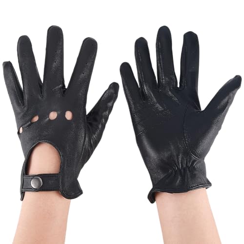 CALFOVERA 1 par de Guantes de Conducción de Cuero Genuino para Hombre, Mitones Vintage de Piel de Oveja Sin Forro, Negros, Transpirables, Estilo Punk, Retro, para Pantalla Táctil, para Motocicleta