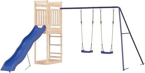Miniatura 2 de Loibinfen Juego de pino de madera maciza para exteriores, juego de jardín con 1 torre de juego, 1 juego de columpio doble, 1 tobogán ondulado,