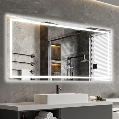 Ratsamee LED Bathroom Wall Mirror with LED Lights - 600×1000 MM Anti-Fog Vanity Mirror, 3-Color Dimmable Frontlit Illumination for Makeup, Wall Mounted Bathroom Lighting