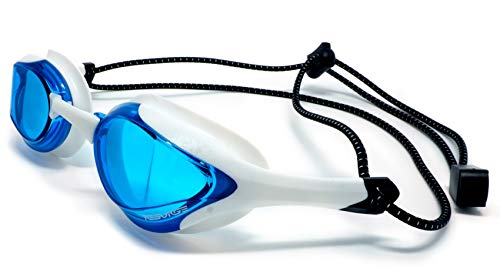 Resurge Sports Streamline Racing Swimming Goggles with Quick Adjust Bungee Strap (White, Aqua Blue)
