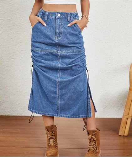 SOMTHRON Women's Casual Denim Midi Skirt Elastic Waist Washed Side Slit Drawstring Ruched Jean Long Skirt3