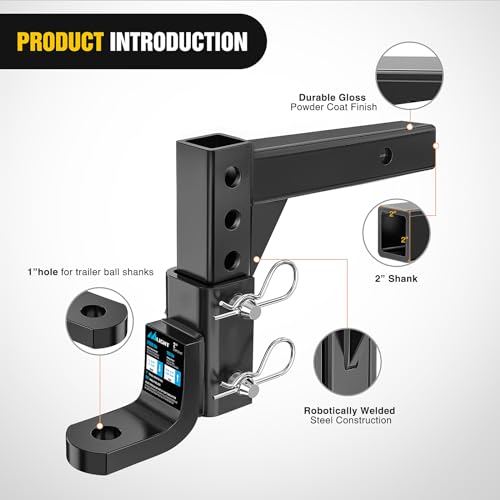 Image of Nilight 8-Position Adjustable Trailer Hitch Ball Mount Fits 2 Inch Receiver with 5 /8 inch Pin Lock 7500 lbs 9-1 /2 inch Drop 8-1 /4 inch Rise 1 inch Hole Hitch for Trailers Boats Pickups RV