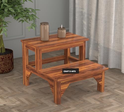 Image of CRAFT D ARTS Solid Sheesham Wood Double Step Stool for Kitchen | Two Step Stool for Adults and Kids | Heavy Duty for Kitchen, Bathroom | Honey Finish