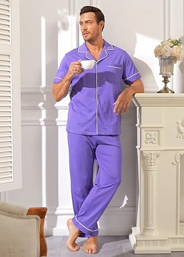 Image of COLORFULLEAF 100% Cotton Mens Pajamas Set Short Sleeve Loungewear with Long Pants Button Down Sleepwear Soft Comfy Pj for Men