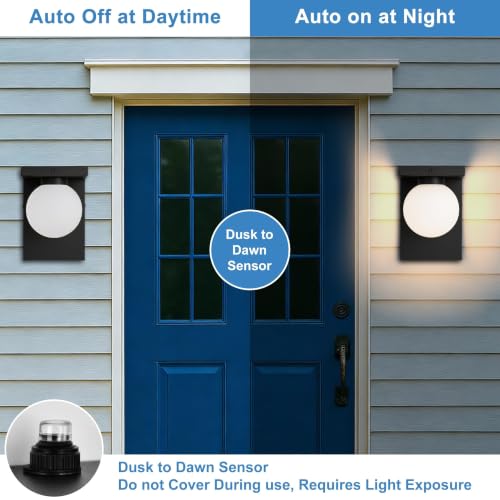 Image of Large LED Outdoor Wall Lights, Frosted Glass Globe Shade Outdoor Sconce, Black Exterior Light Fixtures with Dusk to Dawn Sensor, Waterproof 12W 3000K for Front Door, Garage, Patio, Porch, 1 Pack