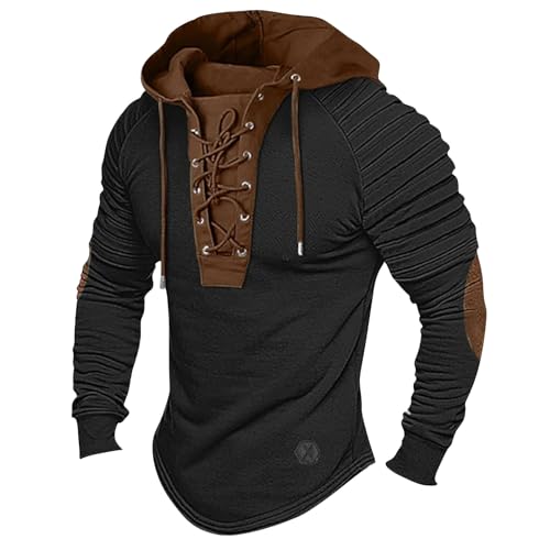 Men's Hoodies Shirt Vintage Medieval Hooded Lace Up Tops Casual Long Pleated Sleeve Patchwork Tops