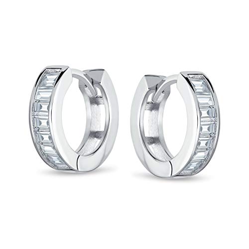 Bridal Classic Baguette Cut Cz Channel Set Kpop Huggie Hoop Earrings For Women Men Clear Cubic Zirconia .925 Sterling Silver #TOP1