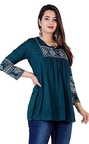 Image of Shiva Fab Short Kurti for Women | Embroidered Straight Rayon Kurta | Round Neck Full Sleeves Short Kurti for Women's
