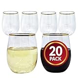 Reli. 12oz. Disposable Wine Glasses Gold-Rim (20 Pack) Stemless Crystal Clear | Reusable & Recyclable BPA-Free Food-Grade Plastic | Shatterproof Party Cups for Juices, Cocktails, Whiskey Any Occasion
