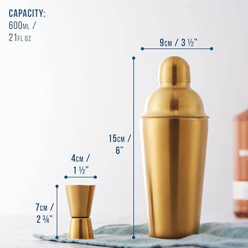 Oak & Steel - 10 Piece Premium Stainless Steel Cocktail Making Gift Set - Recipe Book, Shaker, Strainer, Muddler, Double Jigger & Pourers for Home and Bar Party, Bartender Tool Kit (Gold)