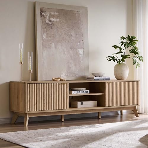 OKD 70' Mid Century Modern Fluted TV Stand, Entertainment Center, Sideboard, Media Console for Living Room with 2 Soft Close Door/Adjustable Shelves (Natural Oak)