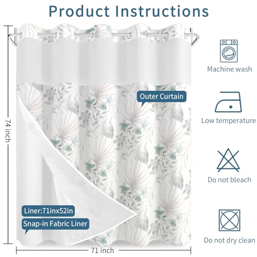 No Hook Shower Curtain with Snap in Liner Set, Boho Mint Floral Neutral Pastel Tropical Leaf Decorative Waterproof Fabric Shower Curtain for College Dorm Hotel Apartment Bathroom Bathtub, 71x74 Inch by NAEMBCU - Used condition - Image 2
