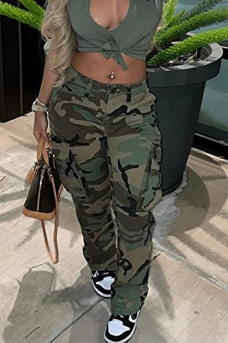 Casual Plus Size Camo Cargo Pants for Women High Waist Slim Fit Camouflage Jogger Army Pants Sweatpants with Pockets - Thumbnail 2