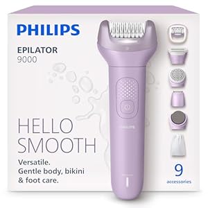 Philips Epilator Series 9000 - Cordless Wet and Dry Electric Epilator, Hair Removal for Legs, Body and Bikini, with ProGuide, 9 Accessories Including Pedicure Head, 60 min. Runtime, Model BRE728/00