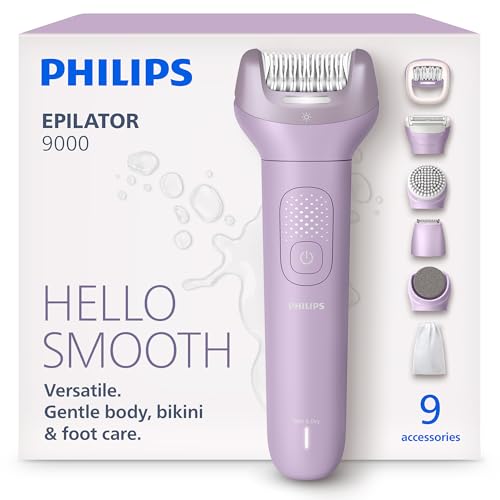 Philips Epilator Series 9000 - Cordless Wet and Dry Electric Epilator, Hair Removal for Legs, Body and Bikini, with ProGuide, 9 Accessories Including Pedicure Head, 60 min. Runtime, Model BRE728/00