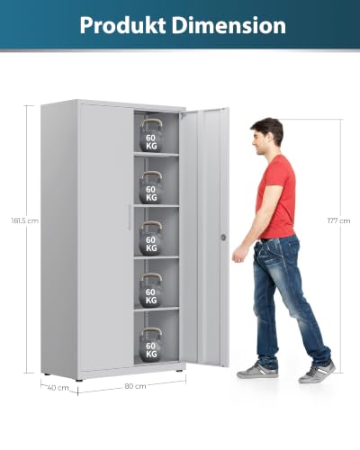 Aktenschrank, Mehrzweckschrank, Stahl-Aufbewahrungsschrank, Werkstattschrank, 180 x 80 x 40 cm, graues weiß – Ansicht 2