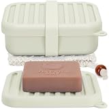 Superior Leak-Proof Silicone Bar Holder and Soap Case | Travel Container with Lid & Drain Tray | Includes Silicone Strap & Sisal Soap Bag | for Camping, Gym, and Travel Size Toiletries (Off-White)