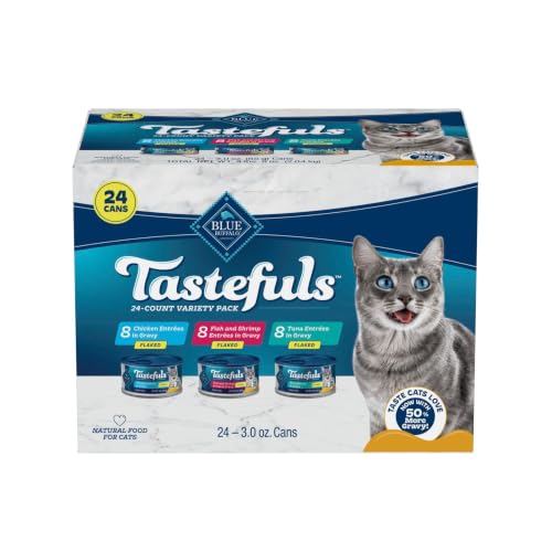 Blue Buffalo Tastefuls Flaked Adult Wet Cat Food Variety Pack (Tuna Chicken Fish & Shrimp) Natural Ingredients Enhanced with Vitamins Minerals & Other Nutrients 3-oz. Each (24 Cans)