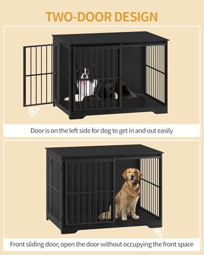 Hzuaneri Hundekäfig Möbel, 110cm Hundebox, 2 Türen, Moderne Hundekäfig Indoor für kleine/mittlere/große Hunde, Beistelltisch, Verstärkte Schiebetür, 110 × 65 × 81 cm, Schwarz DFC84404B