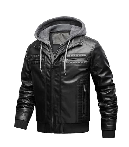 INVACHI Men’s PU Faux Leather Aviator Bomber Jacket Windproof Vintage Motorcycle Jacket with Removable Hood & Pockets3