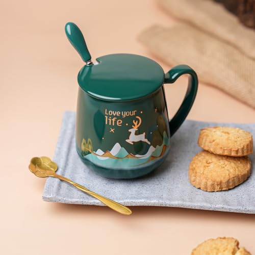 NYRWANA Coffee Mug, Gift for Woman, Birthday Present for Girlfriend, Mugs for Present, Valentine Gift for Girlfriend, Cute Mugs, Love Your Life Mug with Lid & Spoon (420ml - Green)