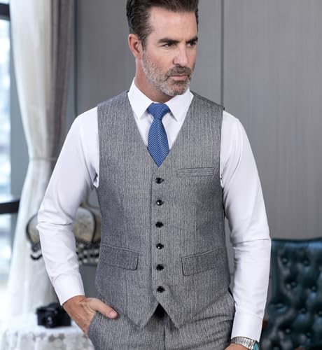 Tuikayoo Mens Herringbone Suits Vests Wool Business Tweed Retro Waistcoats Groomsman Slim Fit（Navy，XS）4