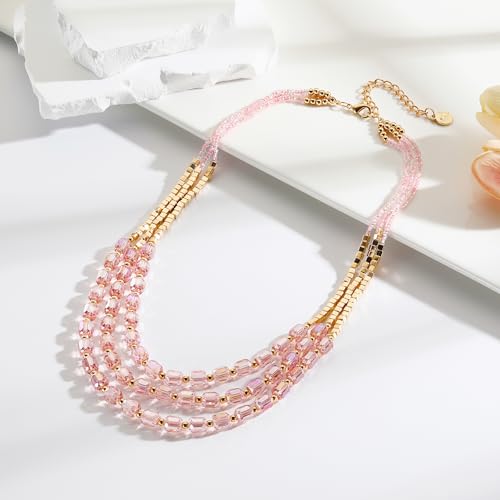 Firstmeet Elegant Layered Glass Bead Necklace Fashionable Retro Jewelry for Women Perfect for Parties Festivals(XL-1257-Pink) by Firstmeet - Image 5