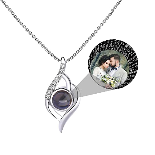Personalized Photo Projection Necklace for Women, I Love You Necklace 100 Languages Heart Photo Necklace, 925 Sterling Silver Memorial Jewelry Gifts for Wife Mom Grandmother