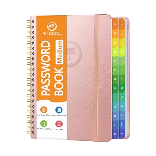 Blugool Password Book with Alphabetical Tabs, Password Keeper Book for Seniors, Individual & Colorful Tabs, Spiral Hardcover Password Notebook for Website Logins, 5.7" x 7.7", Rose Gold