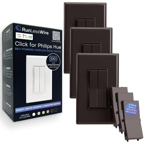 Image of RunLessWire Click for Hue Battery-Free Wireless Smart Switch 3 Pack Brown | Dimmable Kinetic Switch Pairs Natively to Philips Hue Bridge, 4 Programmable Buttons to Control Scenes & Areas, 100ft Range