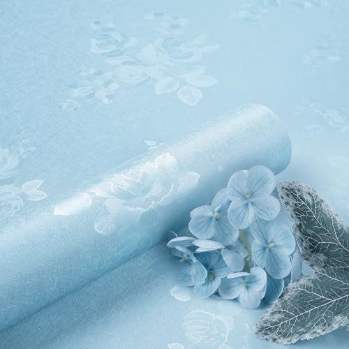 ReWallpaper Folia samoprzylepna do szafek kuchennych niebieski wzór róże 40 cm x 3 m tapeta tłoczona jedwabna folia samoprzylepna meble szafa, szuflada, jasnoniebieska tapeta ścienna do sypialni