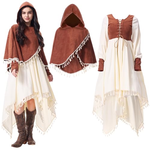 Huraogcos Costume médiéval pour femme - Robe victorienne avec cape marron - Robe médiévale (taille M)