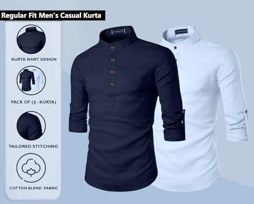 Image of Zombom Men's Combo Cotton Polyester Blend Solid Full Sleeve Straight Regular Fit Mandarin /Chinese Collor Kurta (Pack of 2)