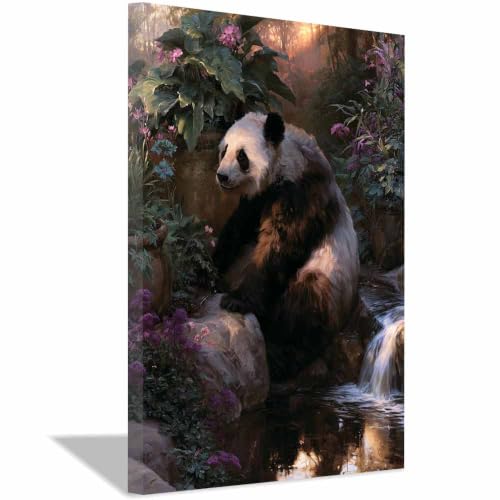 Animal toile peinture scène de panda floral creek sur mur art 30x45