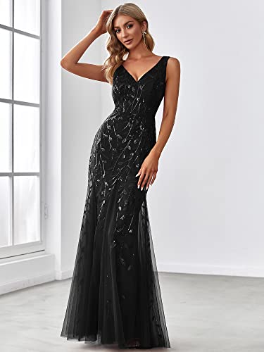 Ever-Pretty Women's Formal Dress Sequin Tulle Double V-Neck Sleeveless Mermaid Long Evening Dress 078864