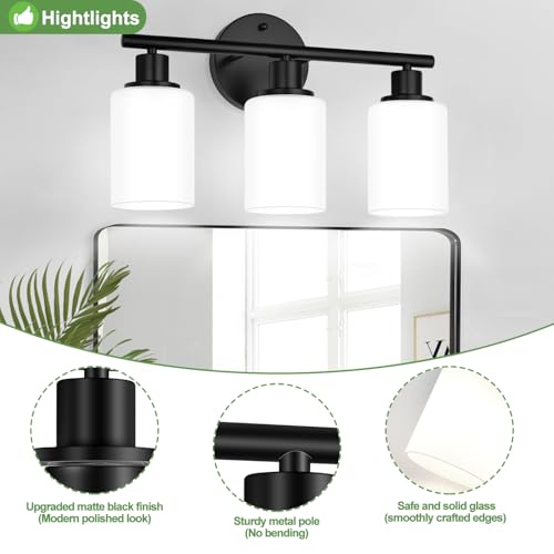 3-Light Bathroom Light Fixtures, Black Modern Vanity Lights with Milky White Frosted Glass Shades, Bathroom Wall Lamp for Mirror Kitchen Living Room Hallway Cabinet Porch