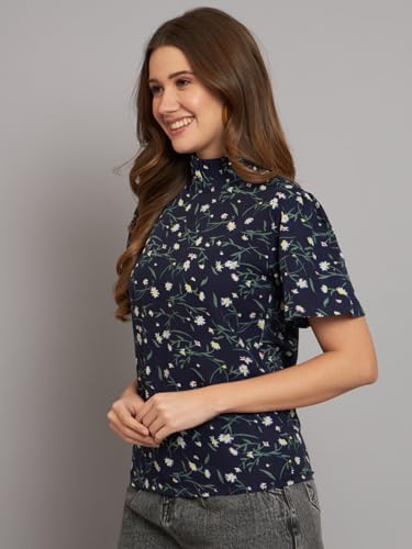 Image of THE DRY STATE Women's Rayon Casual Puff Sleeves Printed Multicolor Crop Top (S, Autumn Glory)