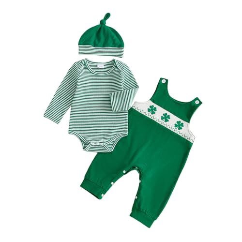 HYADRBLEBY Baby Boy St Patricks Day Outfit Newborn Stripe Romper+Clover Overall Pants+Hat Infant First St Patricks Day Outfit (Green 3-6 Months)