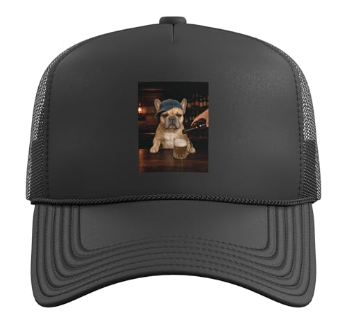 French Bulldog Drinking Beer Funny Bar Dog Meme Pub Humor Trucker Hat with Adjustable Mesh Back, Black