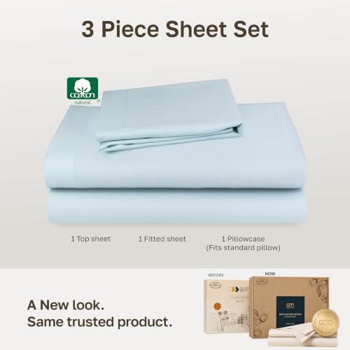 Image of Natural 100% Cotton Sateen Twin XL Size Bed Sheet Set, 3 Pc Set, Baby Blue